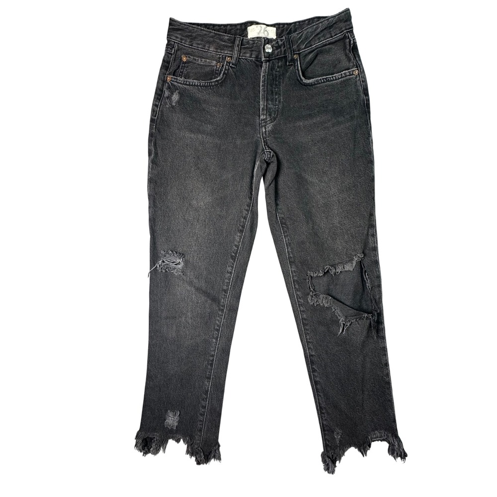 Free People We The Free Distressed Straight Leg Jeans Button Fly Frayed Size 26